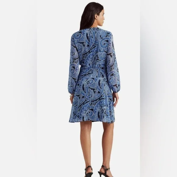 Ralph Lauren Navy and Light Blue Paisley Long Sleeve Dress - Picture 9 of 10